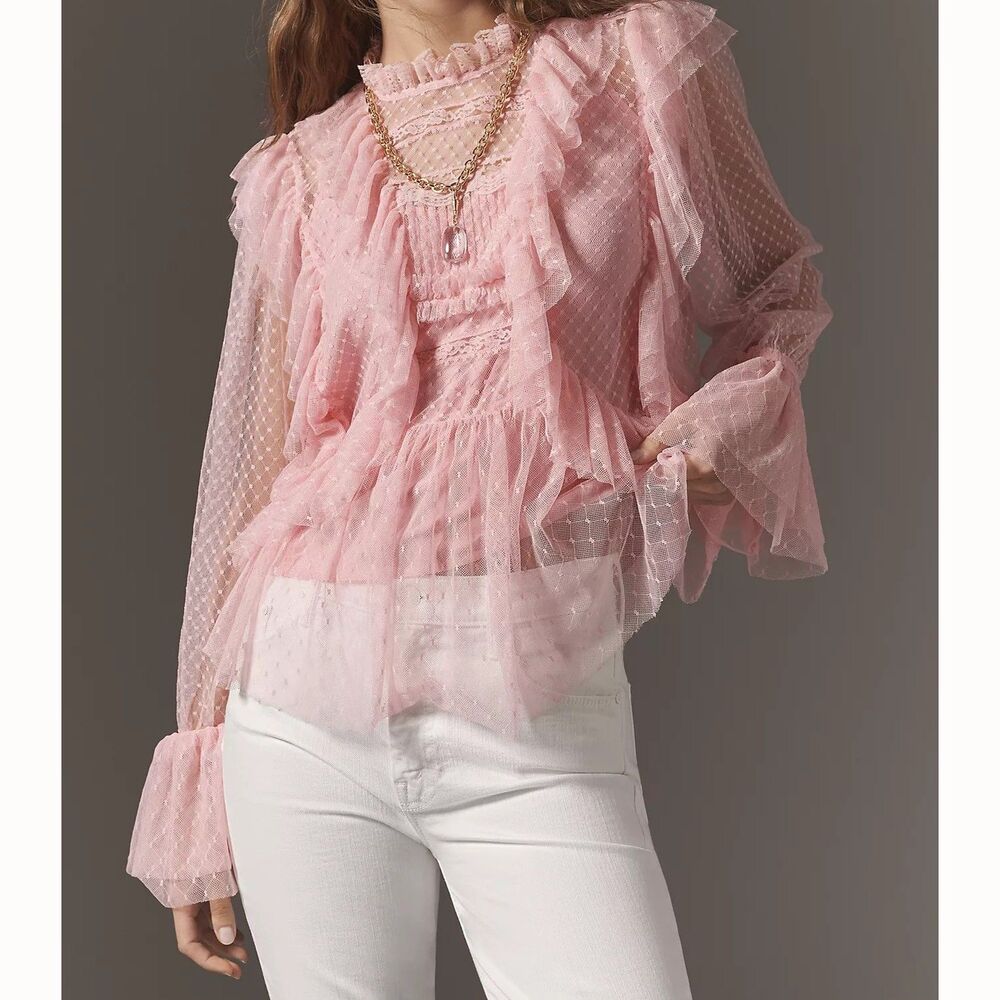 By Anthropologie Long-Sleeve Ruffle Sheer Blouse Top Lace Swiss Dot XL 291476